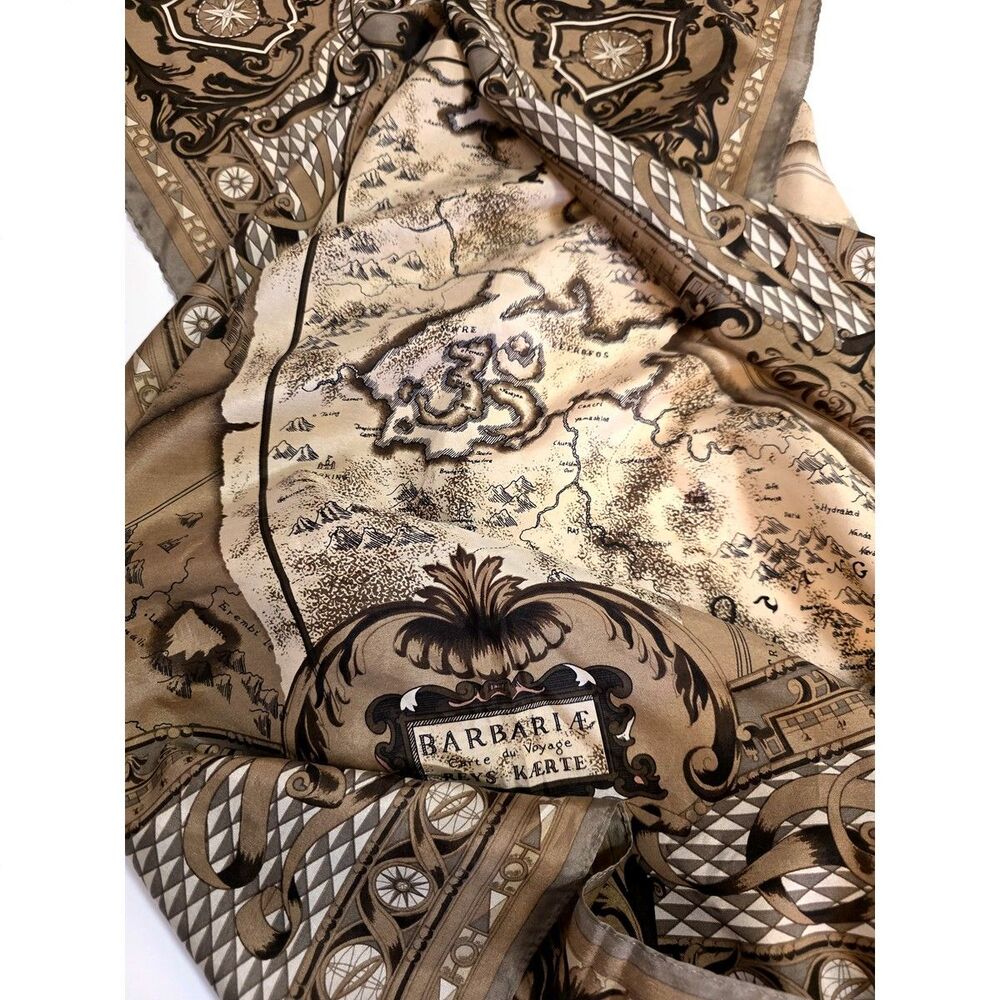 Ellen Tracy scarf map ornate design square silk 34"x34" brown tan handrolled